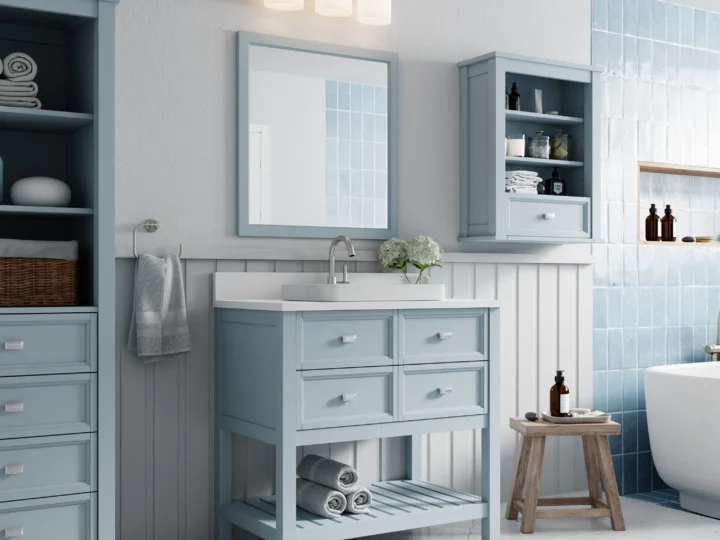 Maximize bathroom storage with elegant vanity units, including integrated basins.