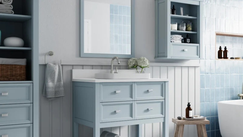 Maximize bathroom storage with elegant vanity units, including integrated basins.